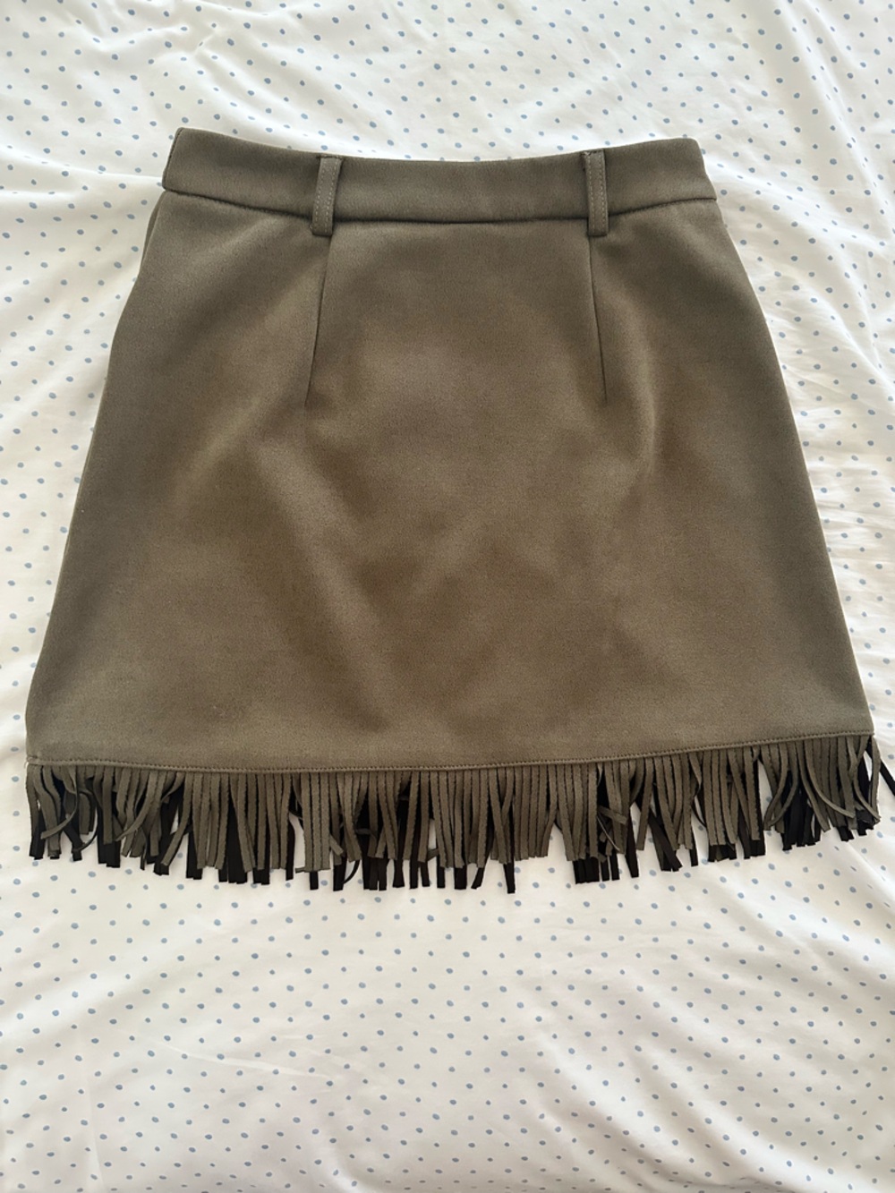 SHEIN Olive Green Faux Suede A-Line Mini Skirt | Fringe Hem | Size XS - Picture 6 of 7